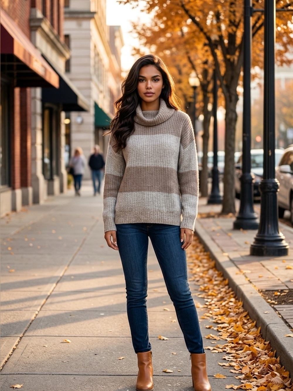 NWT Joan Vass New York Striped Taupe & Brown Cowl Neck Sweater Women’s Large